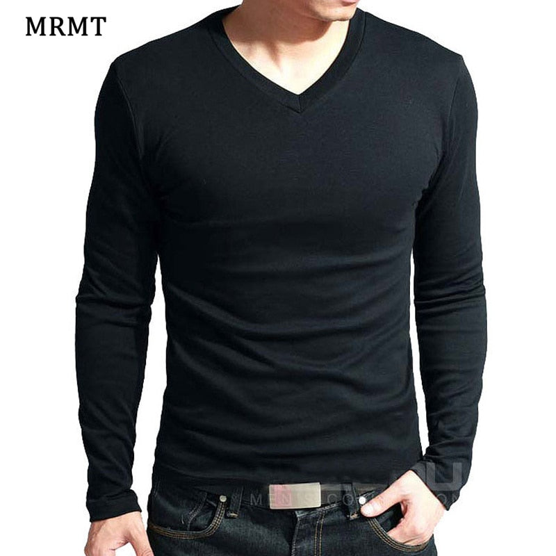 Mens V-Neck Long Sleeve Lycra And Cotton T-Shirt