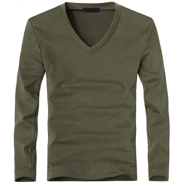 Mens V-Neck Long Sleeve Lycra And Cotton T-Shirt