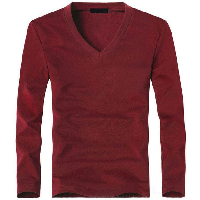 Mens V-Neck Long Sleeve Lycra And Cotton T-Shirt