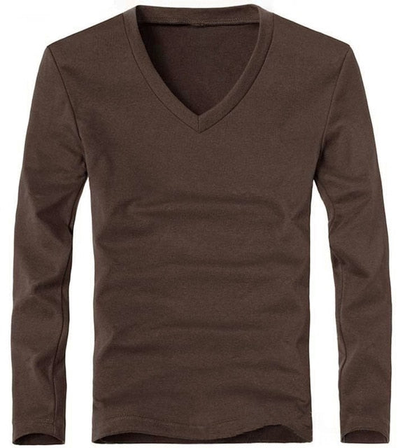 Mens V-Neck Long Sleeve Lycra And Cotton T-Shirt