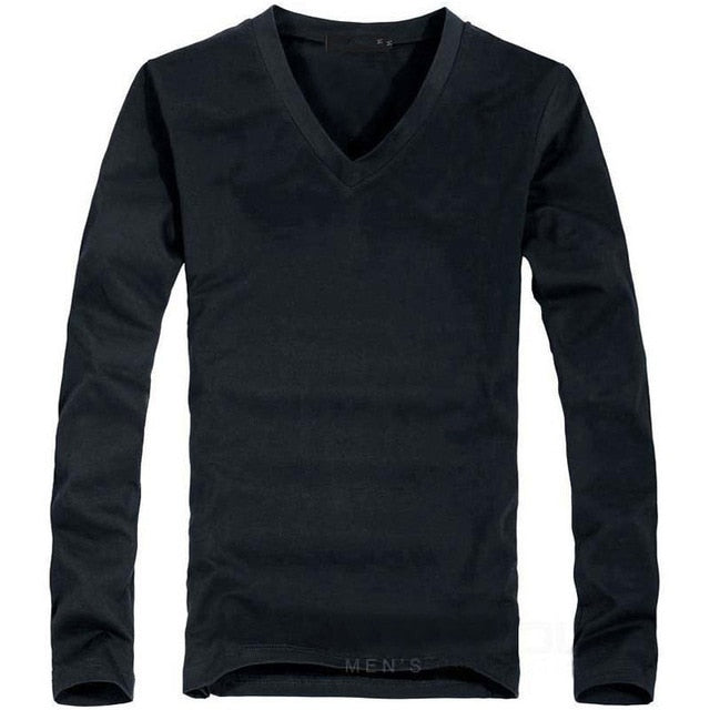 Mens V-Neck Long Sleeve Lycra And Cotton T-Shirt