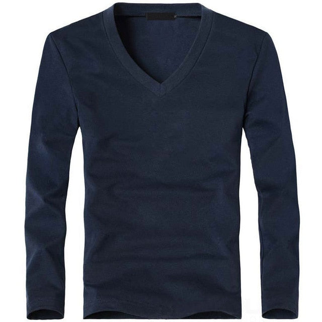 Mens V-Neck Long Sleeve Lycra And Cotton T-Shirt