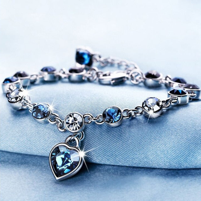 Womens Crystal Heart Charm Bracelet