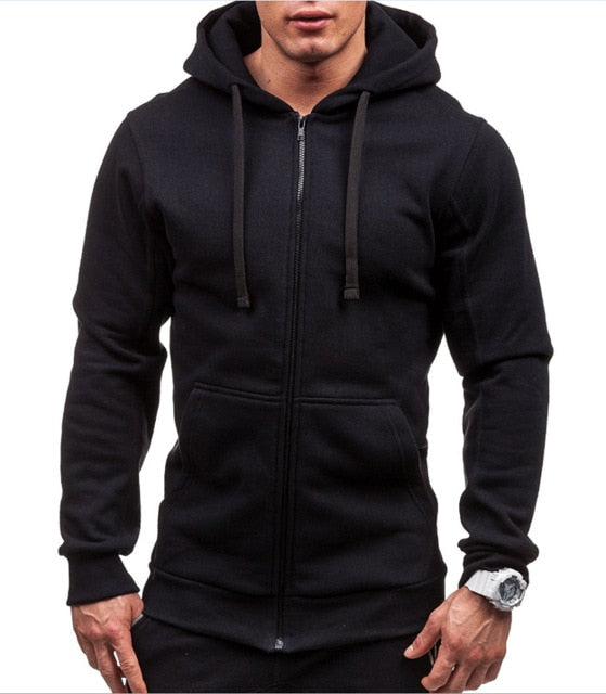 Mens Front Zipper Solid Color Hooded Sweatshirt