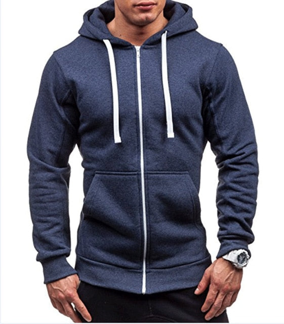 Mens Front Zipper Solid Color Hooded Sweatshirt