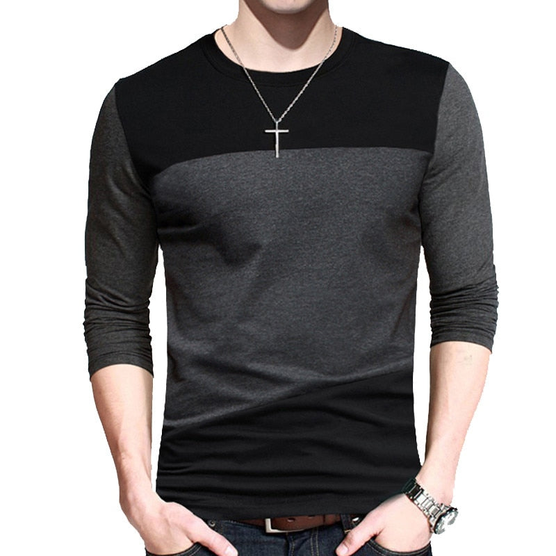 Mens Vintage Style Patchwork O-Neck Long Sleeve Top