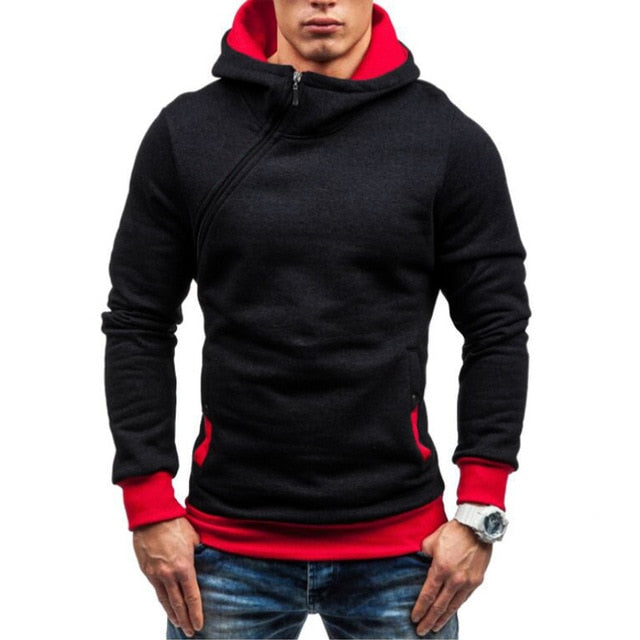 Mens Slim Fit Thick Pullover Diagonal Zipper Hoodie Sweatshirt