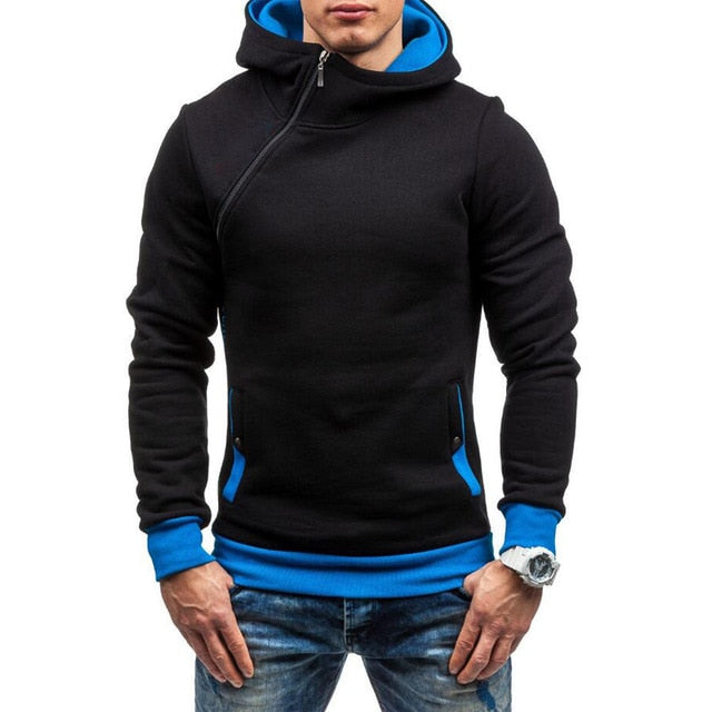 Mens Slim Fit Thick Pullover Diagonal Zipper Hoodie Sweatshirt