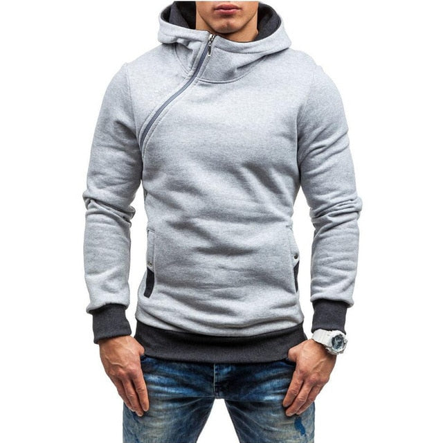 Mens Slim Fit Thick Pullover Diagonal Zipper Hoodie Sweatshirt