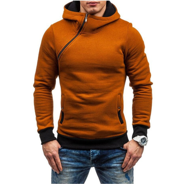 Mens Slim Fit Thick Pullover Diagonal Zipper Hoodie Sweatshirt