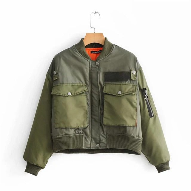 Womens Stylish Army Green Short Long Sleeve Zipper Bomber Jacket