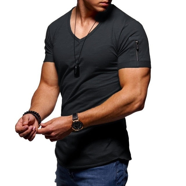 Mens V-Neck Fitness Short-Sleeved Zipper Casual Cotton Top