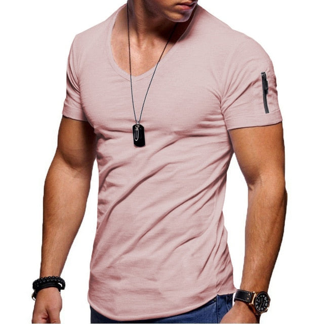 Mens V-Neck Fitness Short-Sleeved Zipper Casual Cotton Top