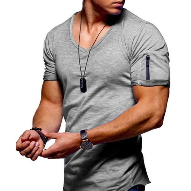 Mens V-Neck Fitness Short-Sleeved Zipper Casual Cotton Top