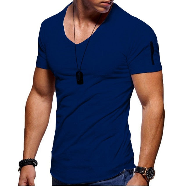 Mens V-Neck Fitness Short-Sleeved Zipper Casual Cotton Top