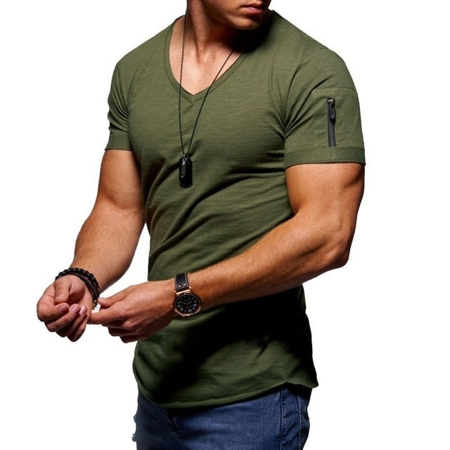 Mens V-Neck Fitness Short-Sleeved Zipper Casual Cotton Top