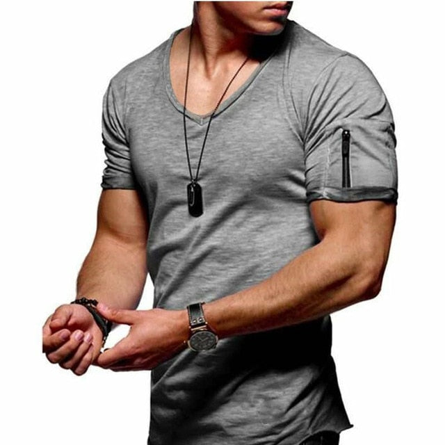 Mens V-Neck Fitness Short-Sleeved Zipper Casual Cotton Top