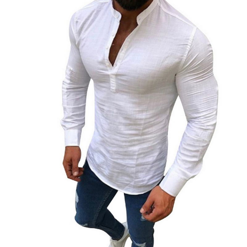 Mens Long Sleeve Casual Slim Fit Breathable Linen Shirt