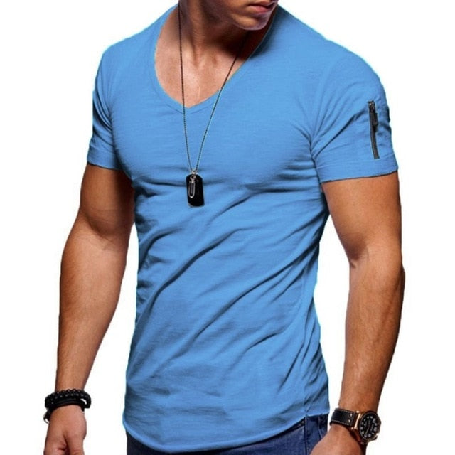 Mens V-Neck Fitness Short-Sleeved Zipper Casual Cotton Top