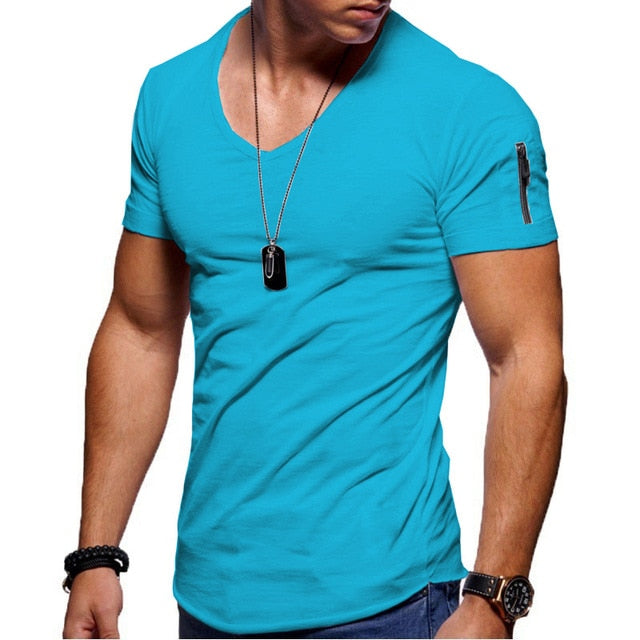 Mens V-Neck Fitness Short-Sleeved Zipper Casual Cotton Top