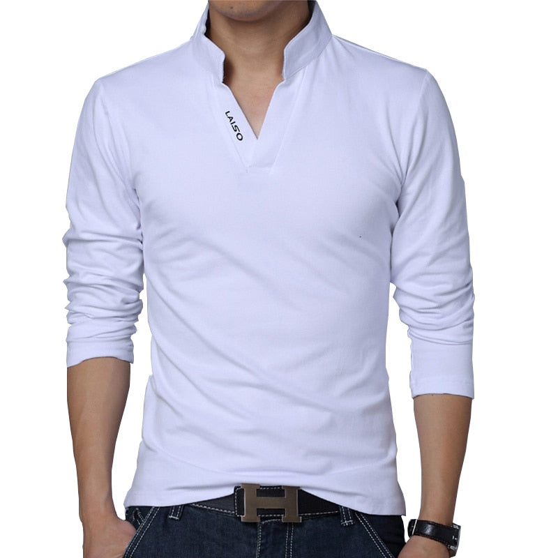 Mens Cotton Solid Color Mandarin Collar Long Sleeve Top