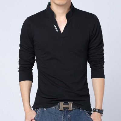 Mens Cotton Solid Color Mandarin Collar Long Sleeve Top