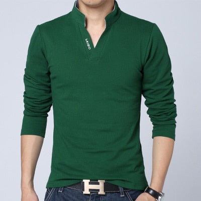 Mens Cotton Solid Color Mandarin Collar Long Sleeve Top