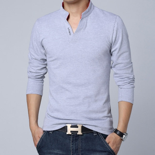 Mens Cotton Solid Color Mandarin Collar Long Sleeve Top