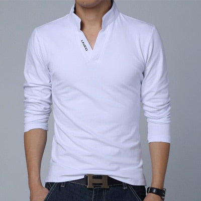 Mens Cotton Solid Color Mandarin Collar Long Sleeve Top