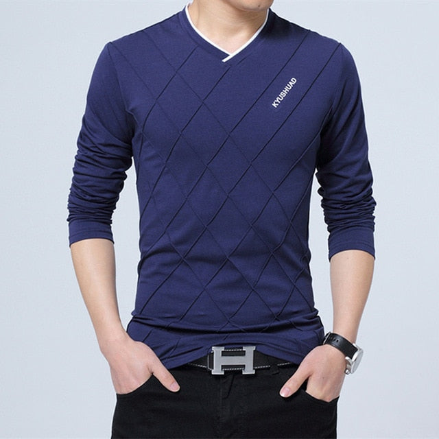 Mens Casual Slim Long Sleeve V Neck Top