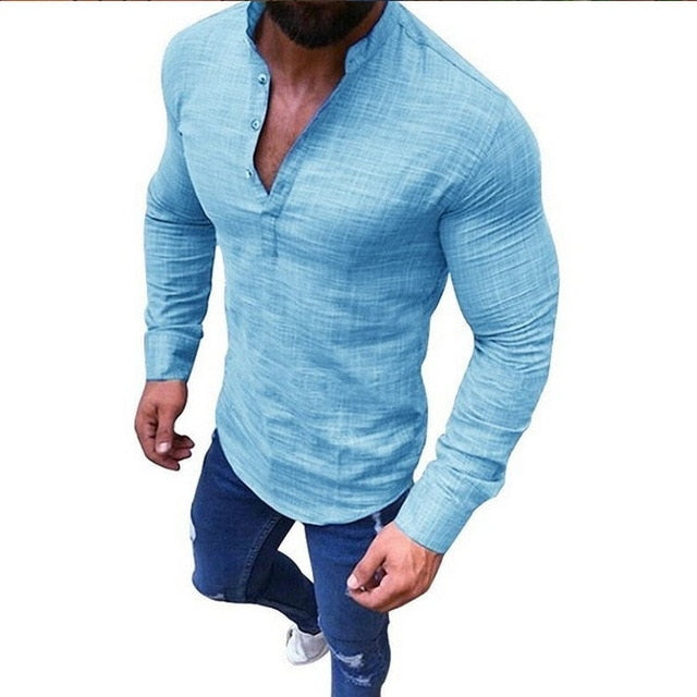 Mens Long Sleeve Casual Slim Fit Breathable Linen Shirt