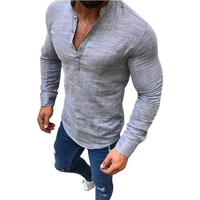 Mens Long Sleeve Casual Slim Fit Breathable Linen Shirt