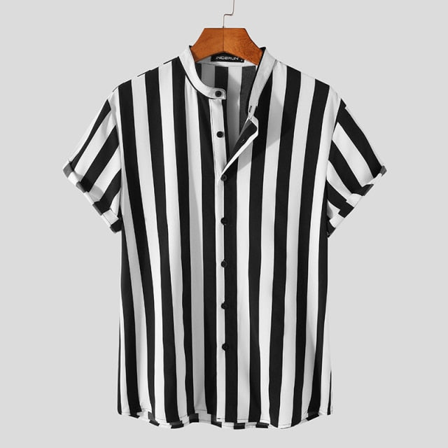 Mens Stylish Summer Casual Striped Short Sleeve Shirt