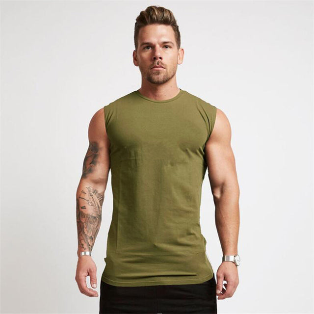 Mens Curved Hem Solid Color Gym Stringers Bodybuilding Fitness Tanks Top