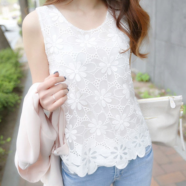 Womens Lace Elegant Sleeveless Crochet Casual Flower Top