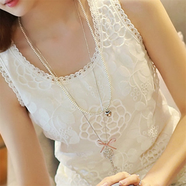 Womens Lace Elegant Sleeveless Crochet Casual Flower Top