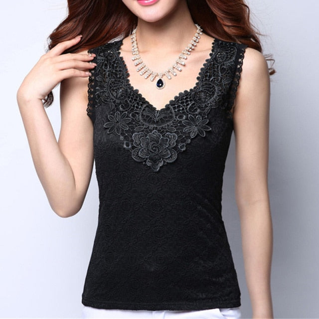 Womens Lace Elegant Sleeveless Crochet Casual Flower Top