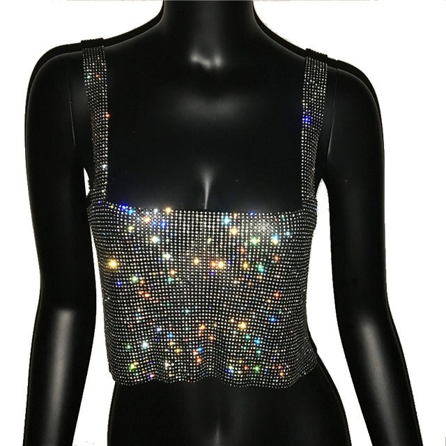 Womens Bling Rhinestones Sequins Party Crop Top