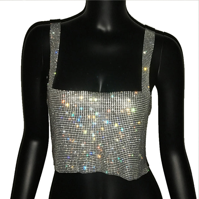 Womens Bling Rhinestones Sequins Party Crop Top