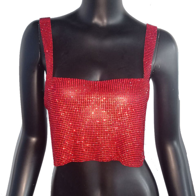 Womens Bling Rhinestones Sequins Party Crop Top