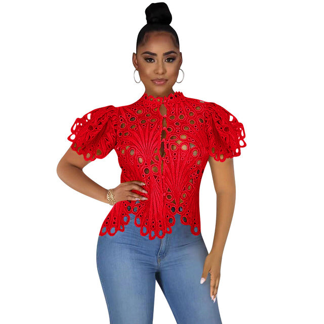 Womens Elegant Long Sleeve Hollow Cut Out Mesh Lace Shirt