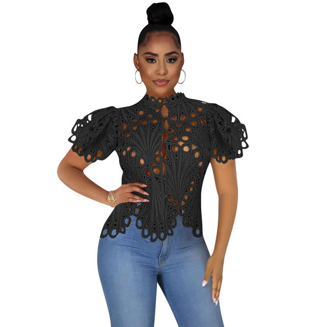 Womens Elegant Long Sleeve Hollow Cut Out Mesh Lace Shirt